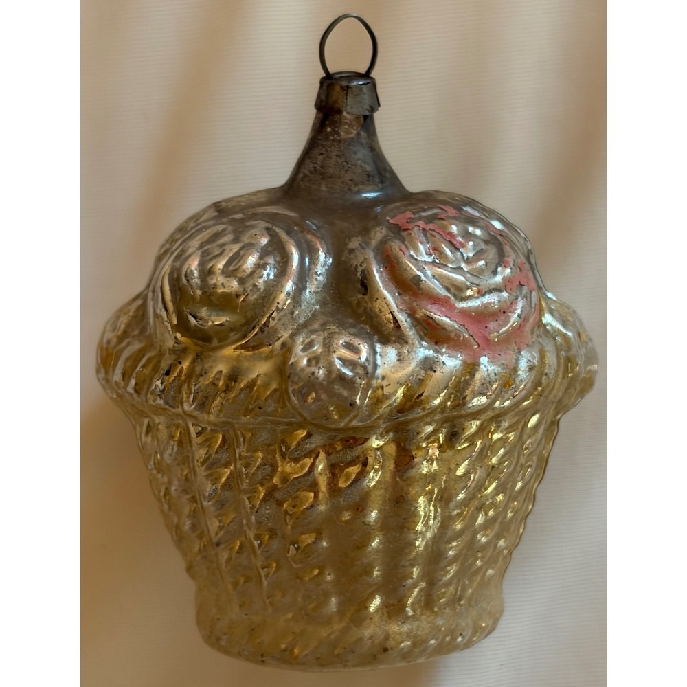 Vintage Early Unsilvered German Mercury Glass Floral Basket Christmas Ornament
